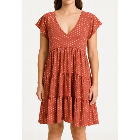Urban Outfitters Dresses & Skirts - Urban Outfitteres tiered dress rust orange floral print V-neck above knee SZ LG